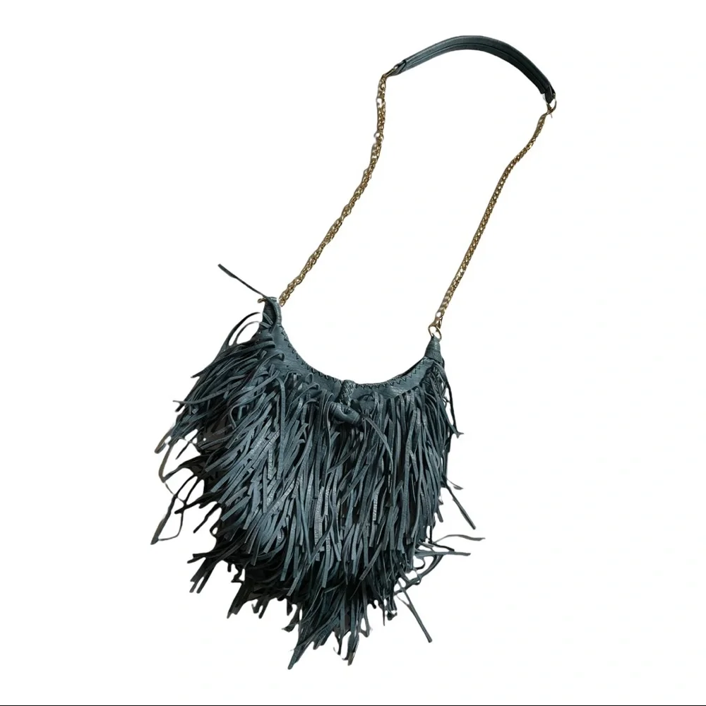 Fringed Leather Crossbody Bag in Dark Teal with Chain Strap